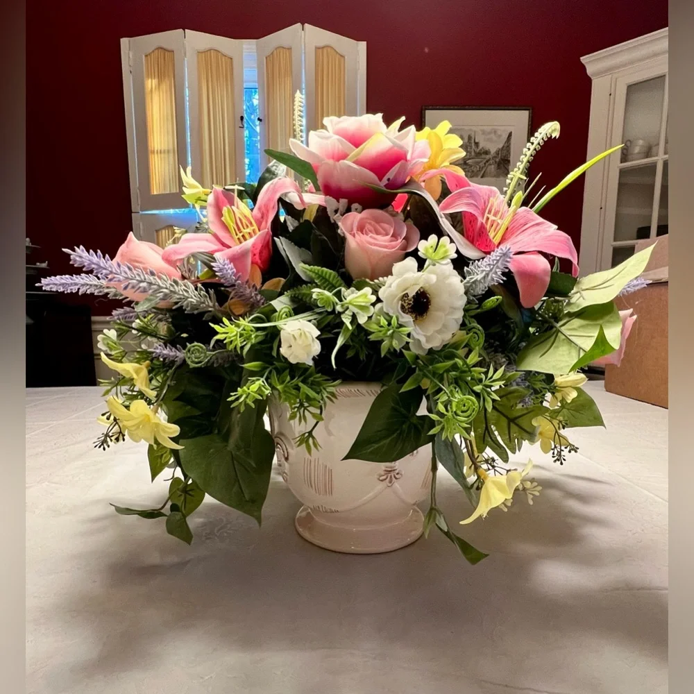 Elegant Faux Floral Centerpiece in Cream Vase